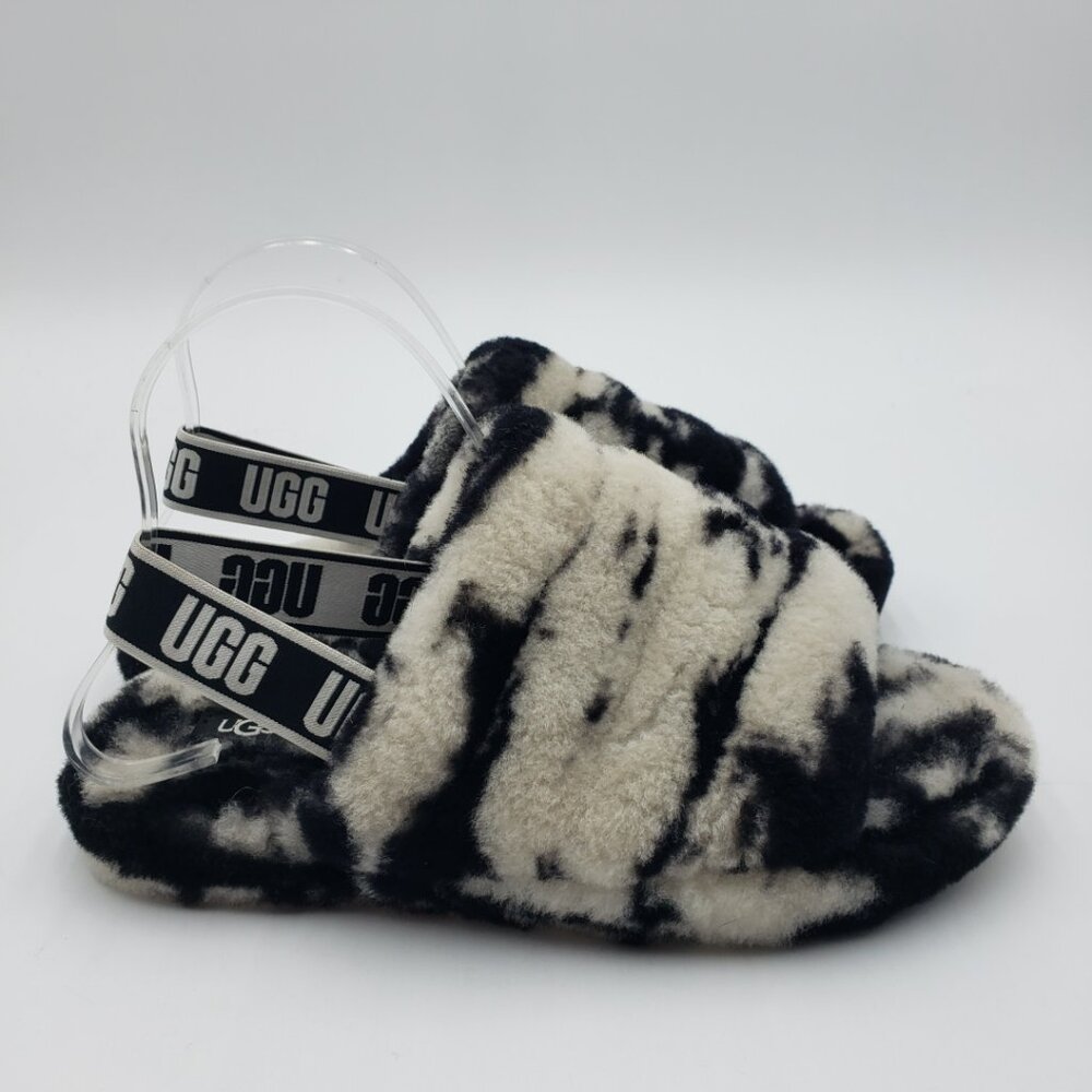 UGG Fluff Yeah Slide Marble‎ Slippers 6 Womens White Black